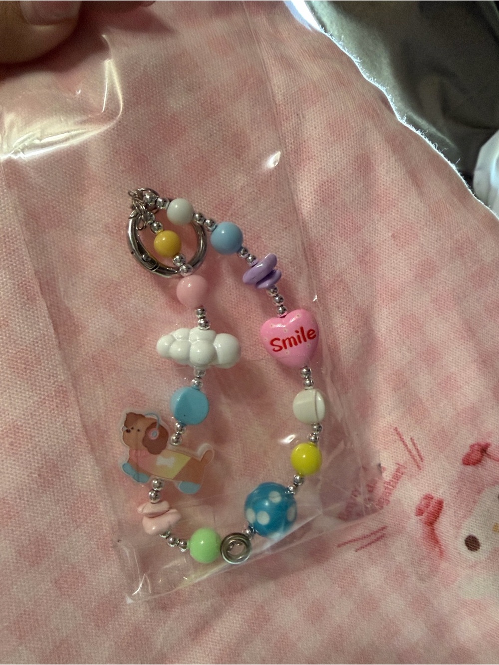 Pastel Beaded Keychain Charm - Smile Heart & Bear Design